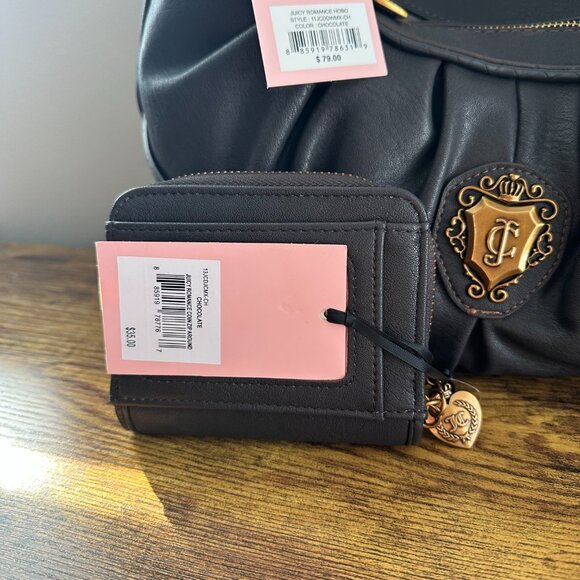 New Juicy Couture Romance Hobo Shoulder Bag Wallet Set Chocolate Brown Pink Gold - Picture 2 of 8